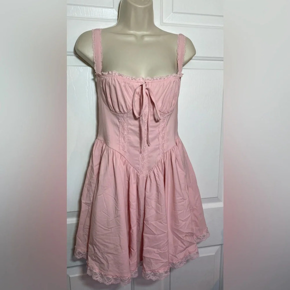 Courecrop Coquette Pink Baby Doll Lace Corset Smock Dress Medium - Picture 4 of 7